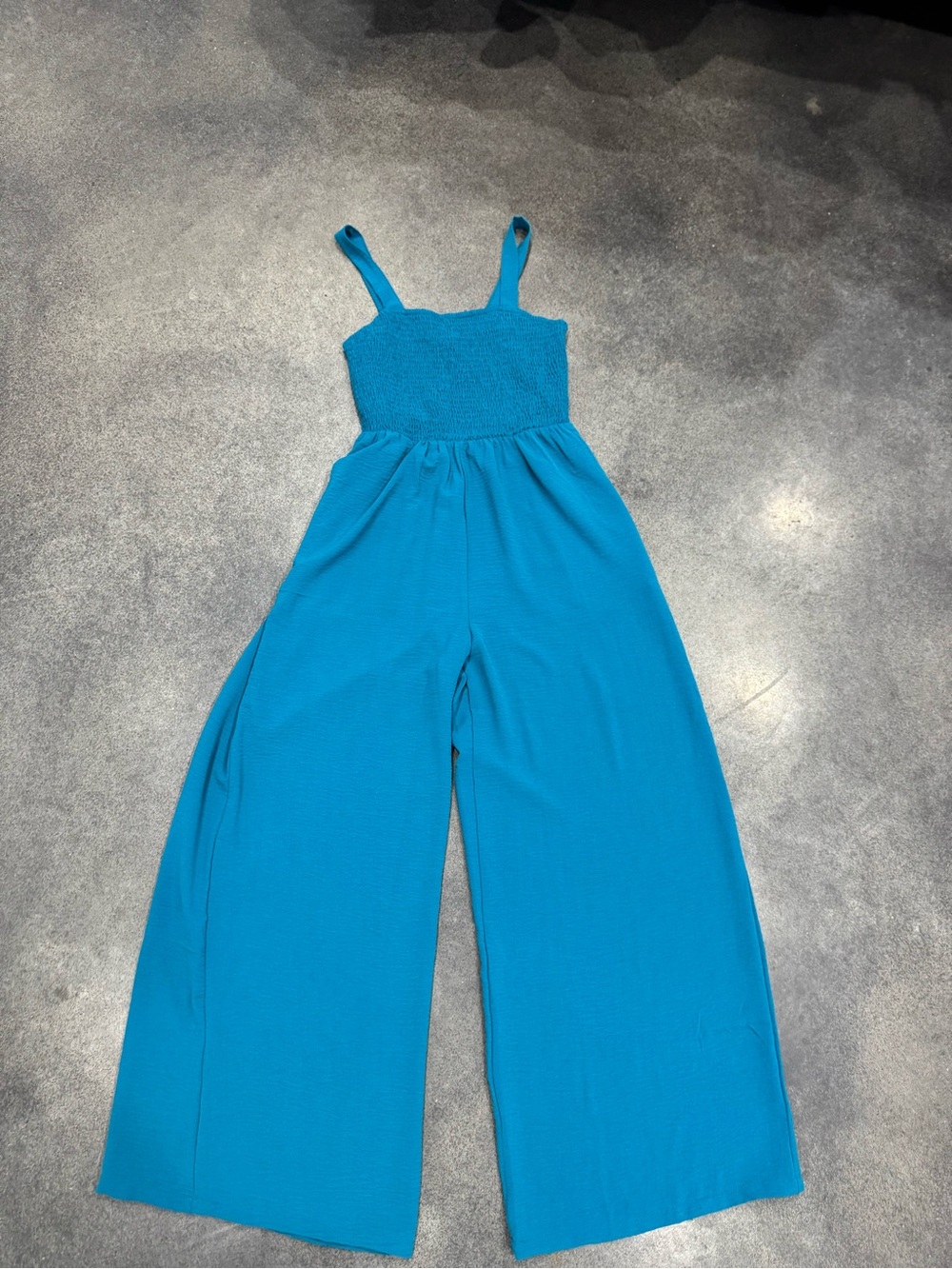 Blue Wide-Leg Smocked Jumpsuit